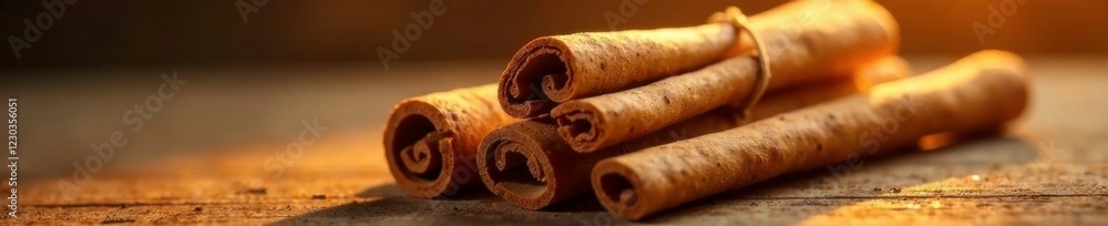 Warm golden light shines on a bundle of fresh cinnamon sticks, aroma, fragrance, wood Warm golden light shines on a bundle of fresh cinnamon sticks, aroma, fragrance, wood