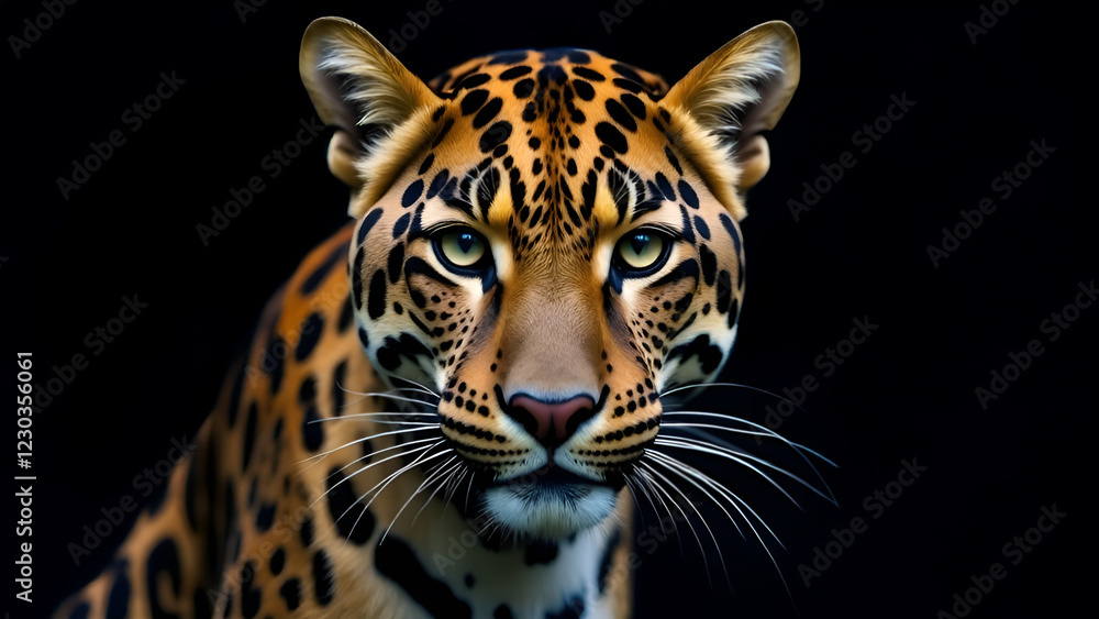 Closeup of a leopards face against a deep black background