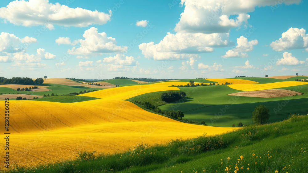 Obraz premium Scenic rural landscape with rolling spring fields in yellow and green, horizon, tranquility, sky, environment