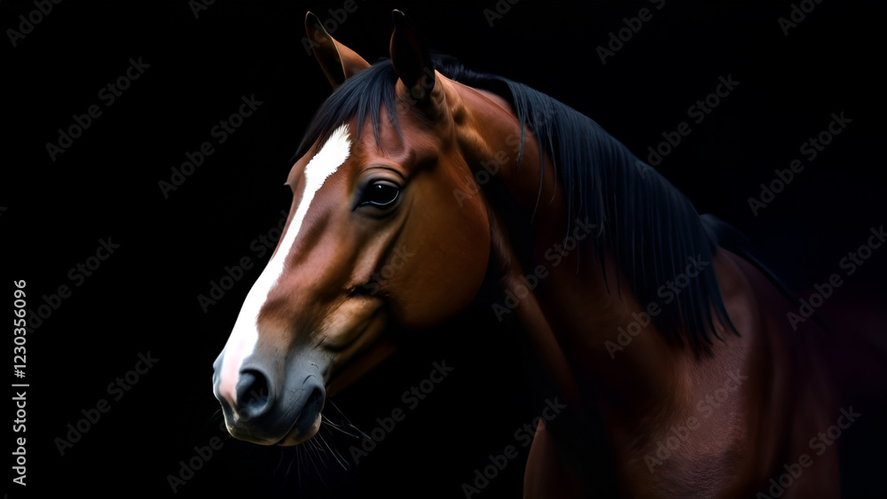 Closeup of a brown horses head on a dark background