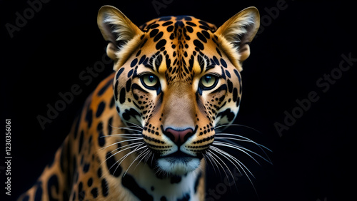 Closeup of a leopards face against a deep black background