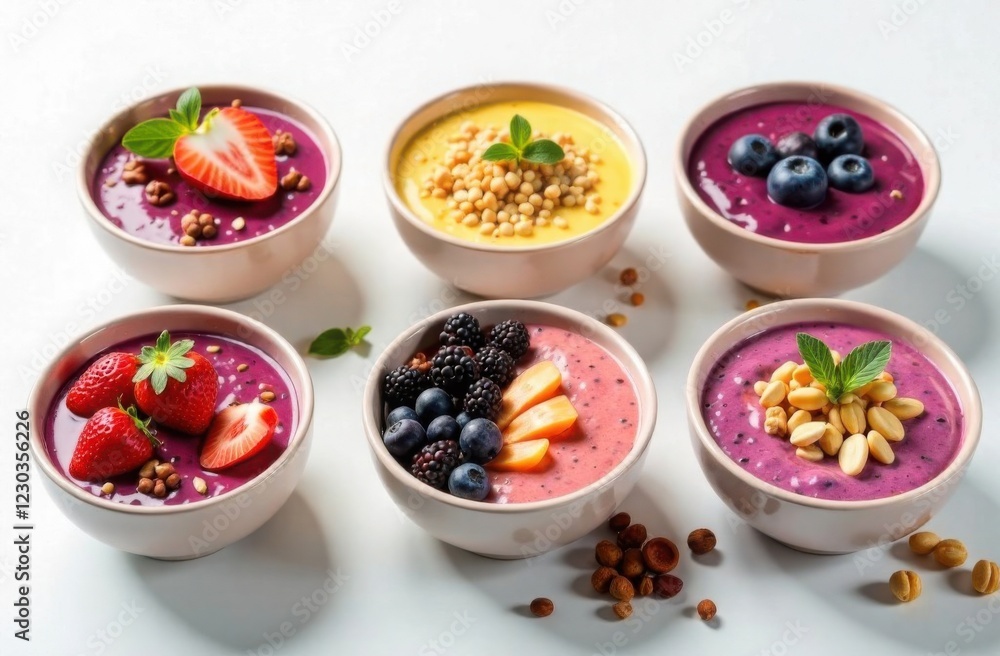 Assorted Healthy Smoothie Bowls with Fresh Fruits and Nuts on a White Background. High quality photo Assorted Healthy Smoothie Bowls with Fresh Fruits and Nuts on a White Background. High quality photo