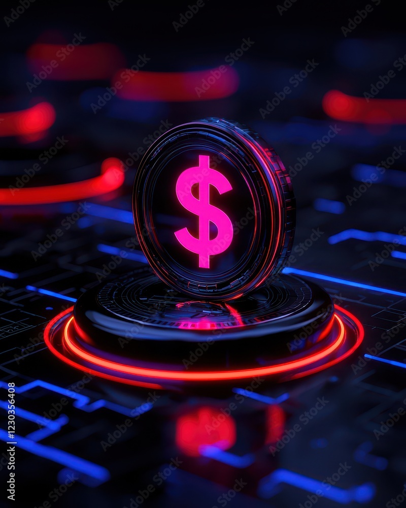 Fototapeta premium A vibrant digital currency symbol with neon effects on a futuristic background.