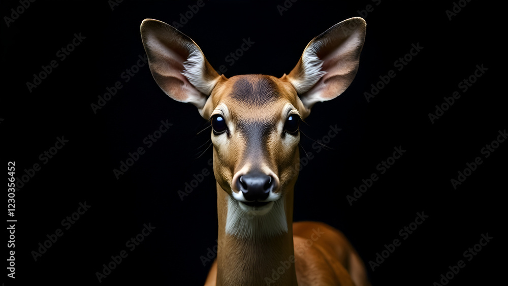 A beautiful deer is gazing curiously at the camera against a contrasting black background, creating a strikingly vivid image A beautiful deer is gazing curiously at the camera against a contrasting black background, creating a strikingly vivid image