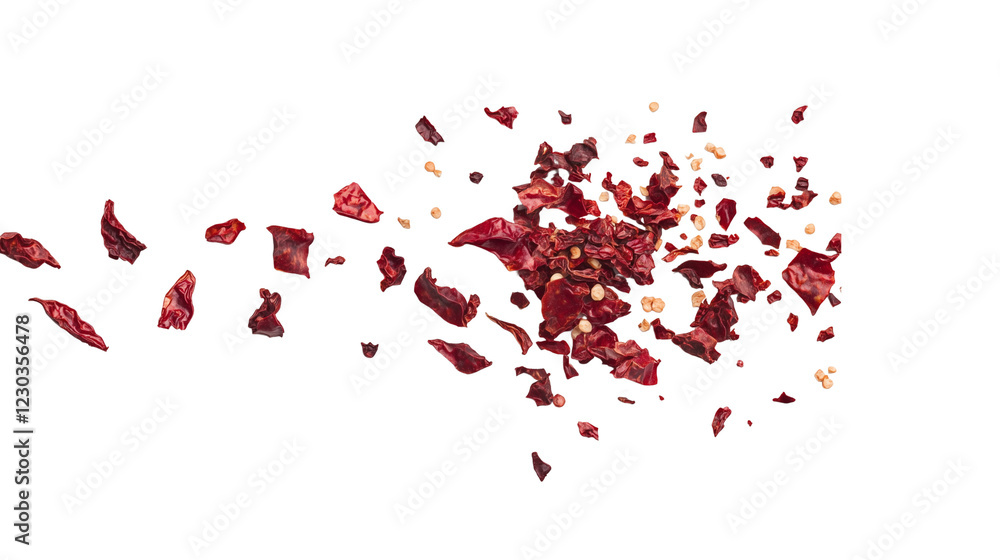 Red chili pepper pieces flying in the air , on Transparent PNG format background. Red chili pepper pieces flying in the air , on Transparent PNG format background.