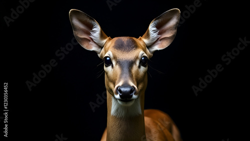 Obraz na płótnie A beautiful deer is gazing curiously at the camera against a contrasting black background, creating a strikingly vivid image w salonie