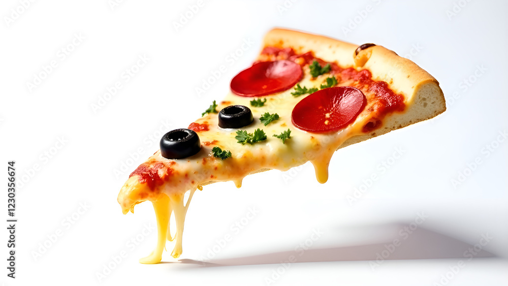 A delicious slice of pizza topped with pepperoni and gooey cheese is surprisingly floating in the air, defying all logic and physics