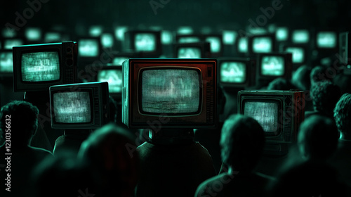 A crowd of people with retro old TV heads