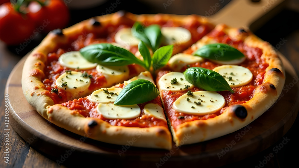 A delicious pizza topped with creamy mozzarella cheese and fresh basil leaves, beautifully presented on a rustic wooden cutting board