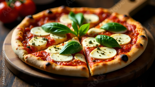 Obraz na płótnie A delicious pizza topped with creamy mozzarella cheese and fresh basil leaves, beautifully presented on a rustic wooden cutting board w salonie