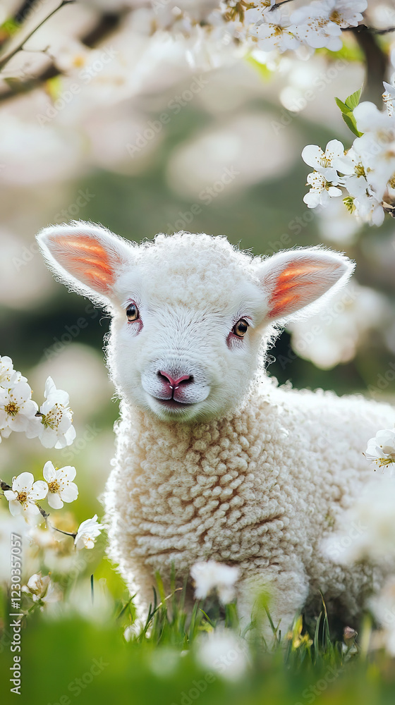Fototapeta premium Baby lamb surrounded by cherry blossoms