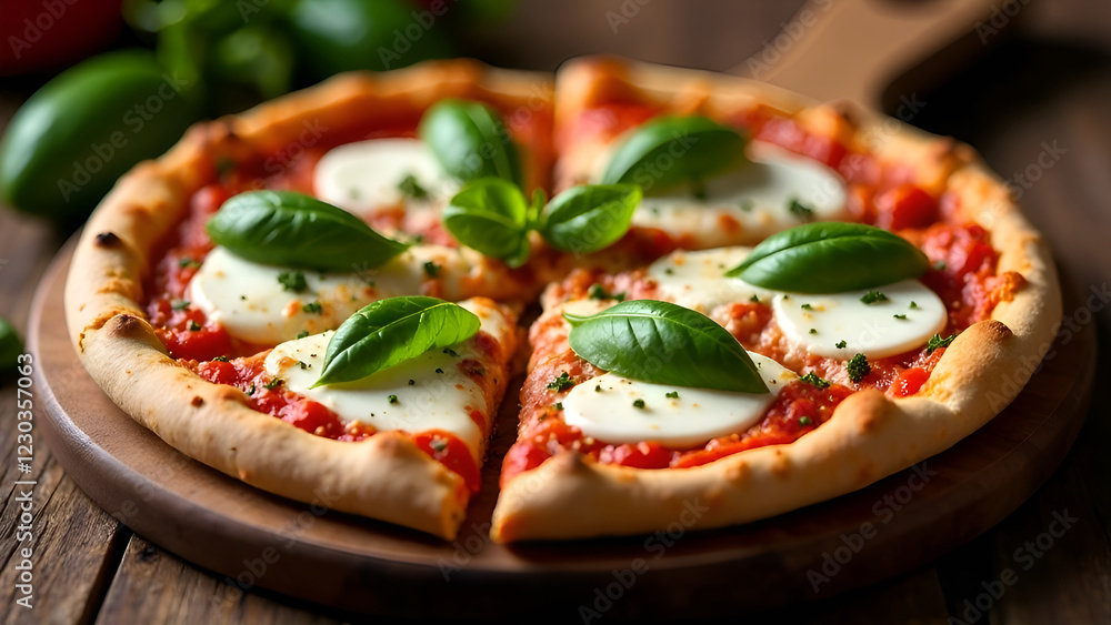 A delicious pizza topped with creamy mozzarella cheese and fresh basil leaves, beautifully presented on a rustic wooden cutting board
