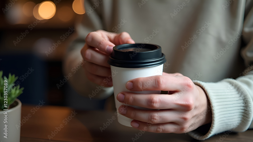 A person is gently and carefully holding a warm cup of coffee in their hands, savoring the aromatic beverage in all its glory