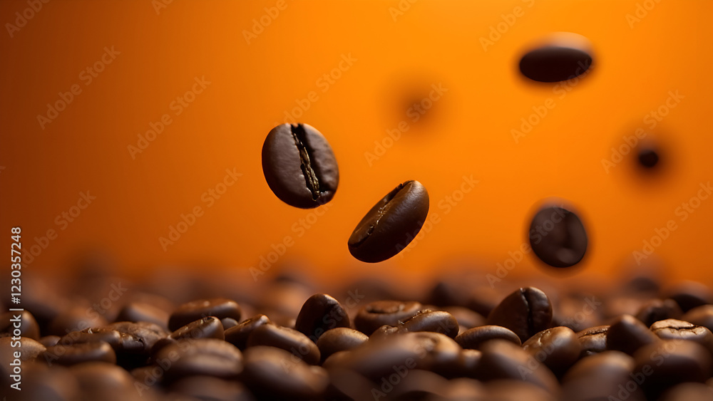 A cascade of coffee beans gracefully tumbling down onto a vibrant pile of coffee beans, all set against a lively orange background