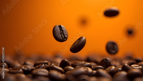 Obraz na płótnie A cascade of coffee beans gracefully tumbling down onto a vibrant pile of coffee beans, all set against a lively orange background w salonie