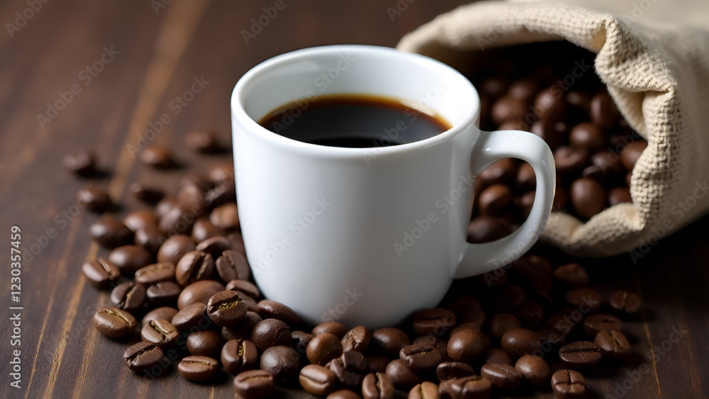 A warm cup of freshly brewed coffee sitting next to a bag filled with aromatic coffee beans, bringing a delightful coffee experience