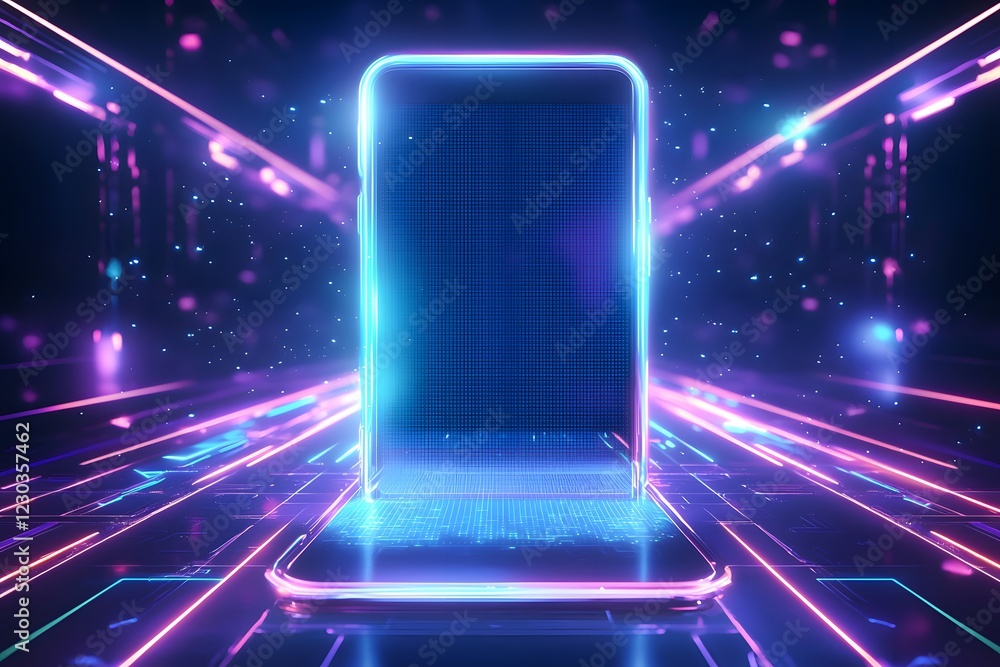 Obraz premium Futuristic Smartphone Display Neon Lights Abstract Technology Background