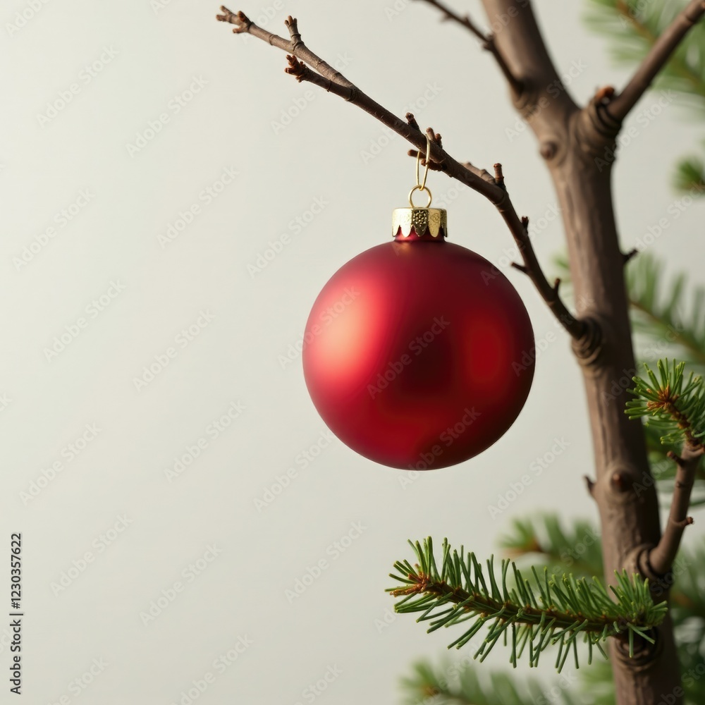 A large red spherical ornament hanging from a branch on a bare Christmas tree, branch, decoration A large red spherical ornament hanging from a branch on a bare Christmas tree, branch, decoration