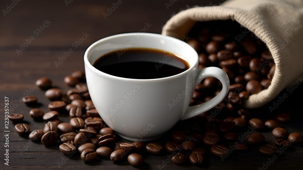 A warm cup of freshly brewed coffee sitting next to a bag filled with aromatic coffee beans, bringing a delightful coffee experience