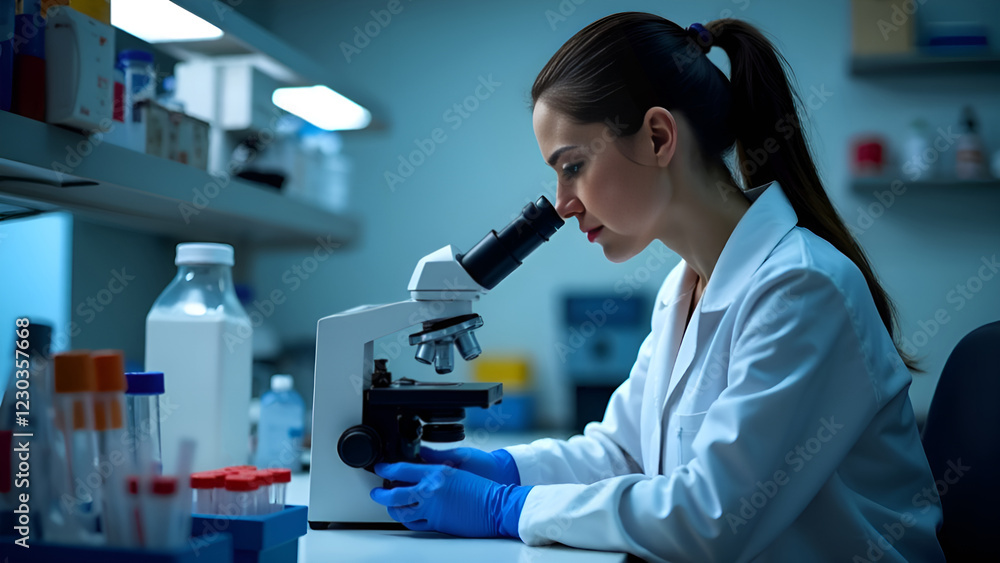 A female medic looking through a microscope