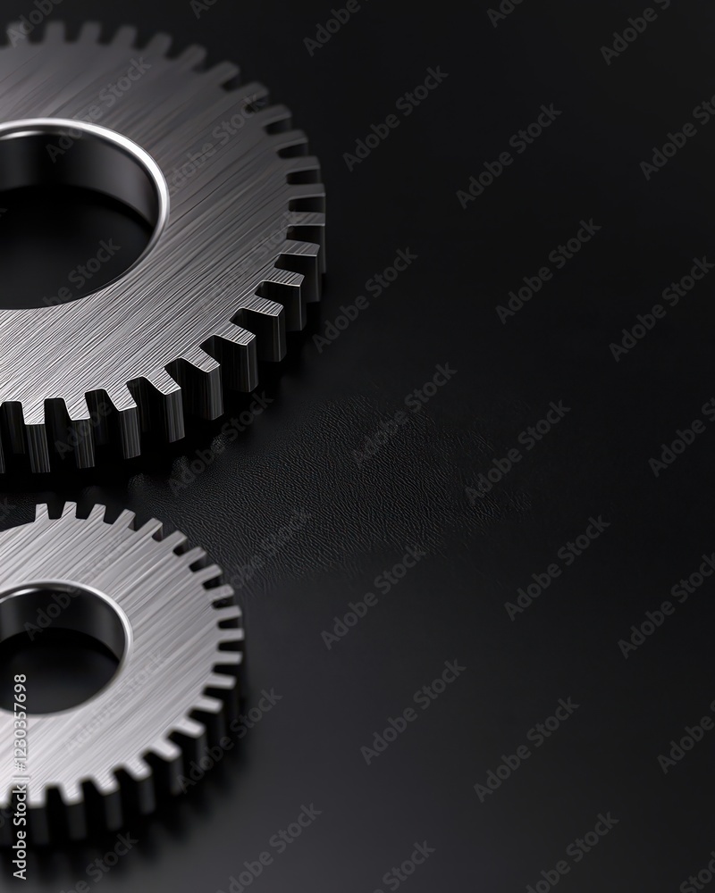 Close-up of two metal gears on a dark surface, symbolizing machinery and mechanical engineering. Close-up of two metal gears on a dark surface, symbolizing machinery and mechanical engineering.