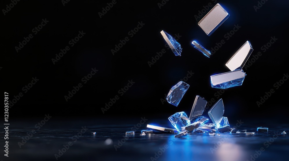 Obraz premium Dynamic shot of shattered glass pieces in motion against a dark background, showcasing sharp edges and reflections.