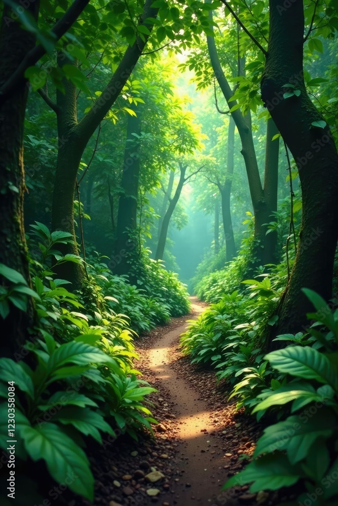 A narrow path winds through the dense foliage of a jungle forest, leaves, vines A narrow path winds through the dense foliage of a jungle forest, leaves, vines