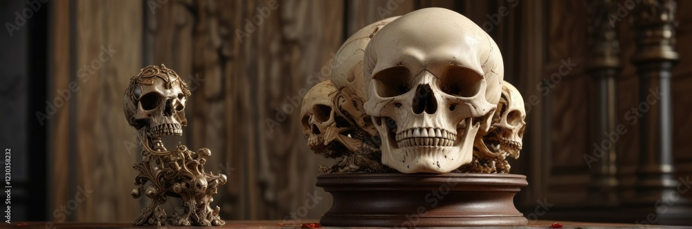Skull and bone specimens on wooden pedestal with ornate metalwork, bone, metalwork, specimen Skull and bone specimens on wooden pedestal with ornate metalwork, bone, metalwork, specimen