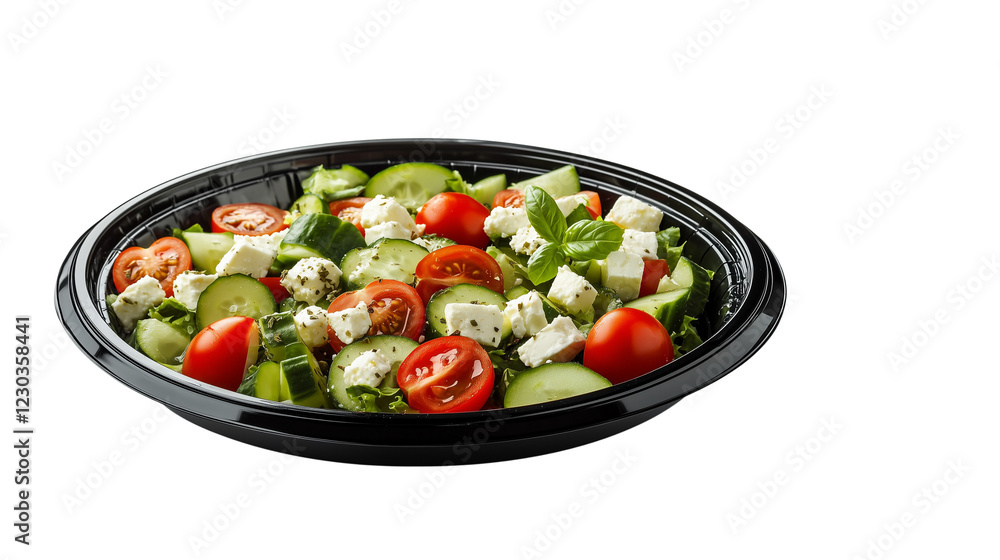 A Greek salad with feta cheese, cucumber, and tomatoes on a black plastic plate, on Transparent PNG format background. A Greek salad with feta cheese, cucumber, and tomatoes on a black plastic plate, on Transparent PNG format background.