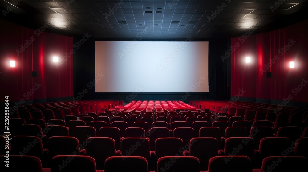 Obraz premium Desolate Cinema: Empty Red Seat Theater with Blank Screen for Motion Pictures and Entertainment Shows
