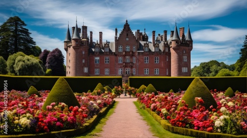 Discovering Glamis Castle: A picturesque Scottish architecture with a view of the Scottish Clouds photo