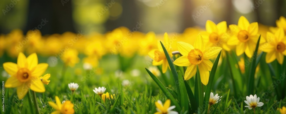 Fototapeta premium Daffodils and crocuses dot a lush carpet under bright yellow tulips, landscape, flower