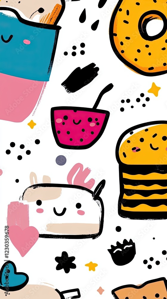 Fototapeta premium Cute Cartoon Food Illustrations with Grunge Style