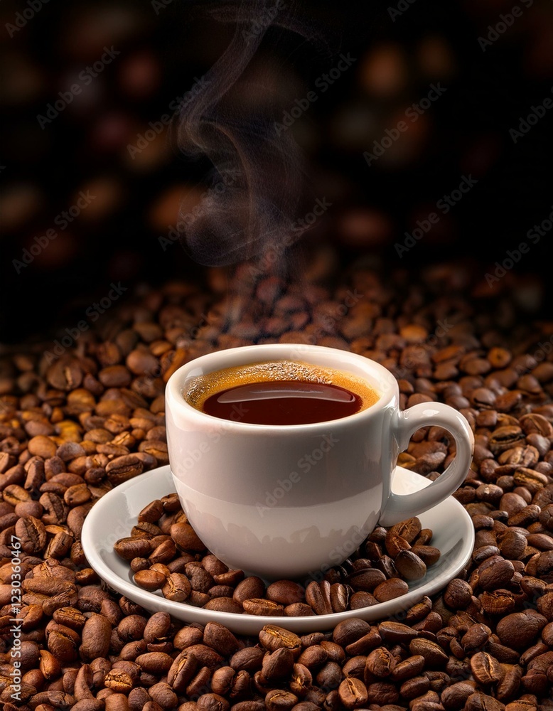 Taza de café, sobre una montaña de granos de café arabica tostados. Taza de café, sobre una montaña de granos de café arabica tostados.