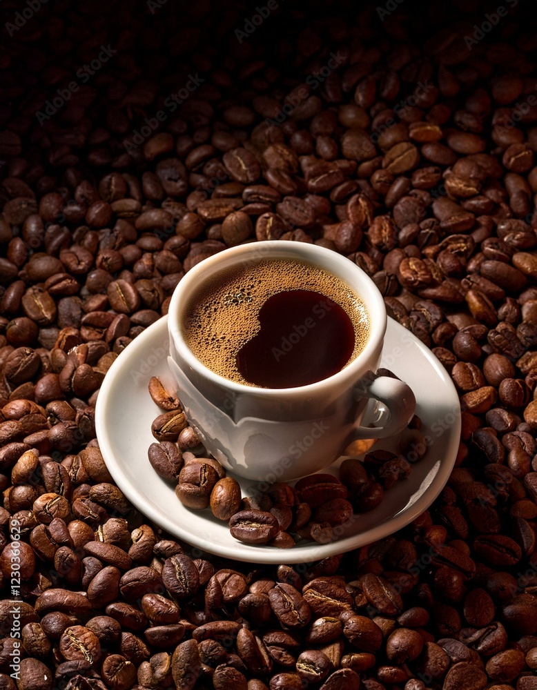Taza de café, sobre una montaña de granos de café arabica tostados. Taza de café, sobre una montaña de granos de café arabica tostados.