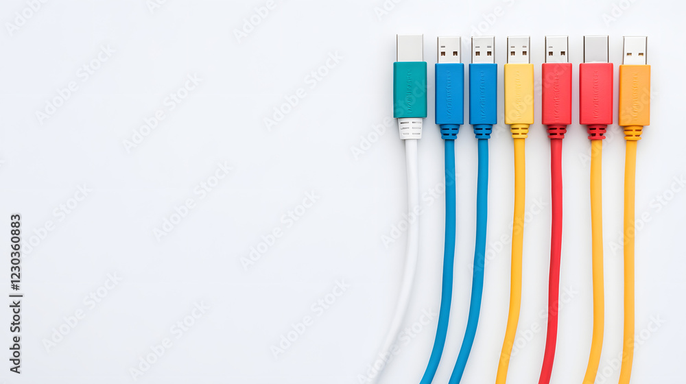Close-up of a well-organized cord management system, featuring neatly arranged power cables, network cords, and other wires, showcasing an efficient, clutter-free workspace with a focus on modern tech Close-up of a well-organized cord management system, featuring neatly arranged power cables, network cords, and other wires, showcasing an efficient, clutter-free workspace with a focus on modern tech