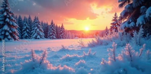 Frosty and icy winter landscape with snowflakes falling in the fading light of sunset, frostylandscape, peaceful photo