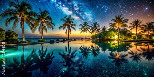 Night Pool Reflections: Serene Palm Tree Shadows in Dark Water