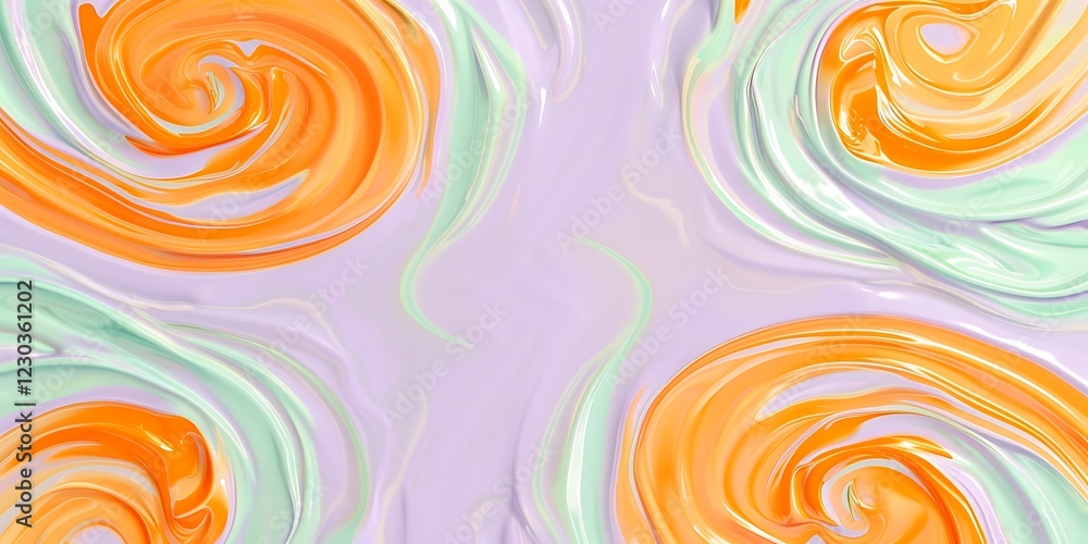 Soft pastel swirls of orange and mint green on a solid lavender background.