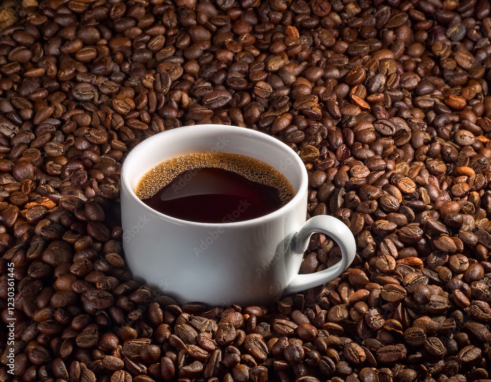 Taza de café, sobre una montaña de granos de café arabica tostados. Taza de café, sobre una montaña de granos de café arabica tostados.