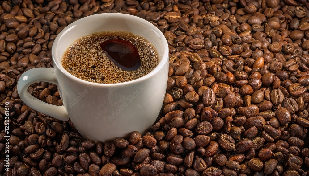 Fototapeta premium Taza de café, sobre una montaña de granos de café arabica tostados.