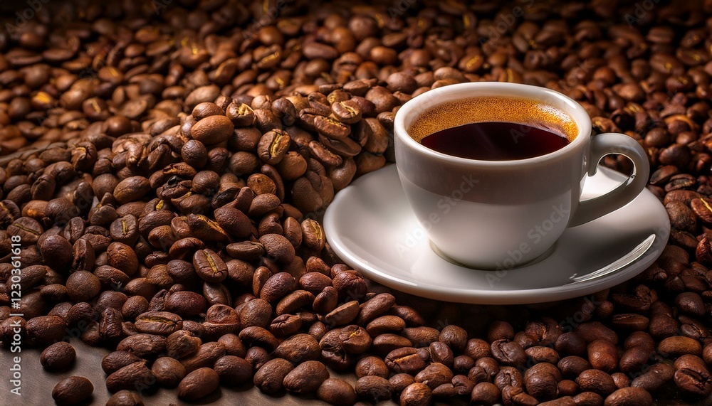 Taza de café, sobre una montaña de granos de café arabica tostados. Taza de café, sobre una montaña de granos de café arabica tostados.