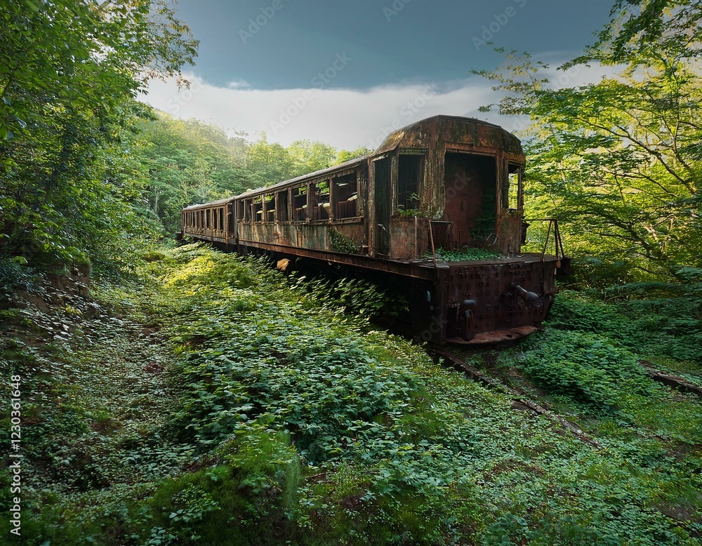 Tren abandonado, corroido por el paso del tiempo, entre maleza Tren abandonado, corroido por el paso del tiempo, entre maleza