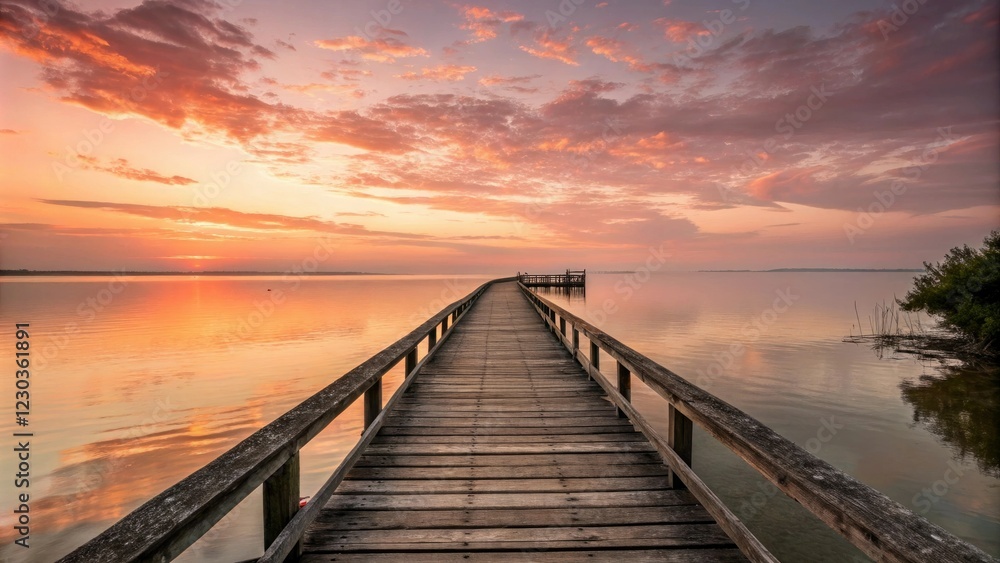 Obraz premium Softly glowing sunrise over a vintage wooden pier stretching into a serene lake or ocean, lake scene, serene landscape