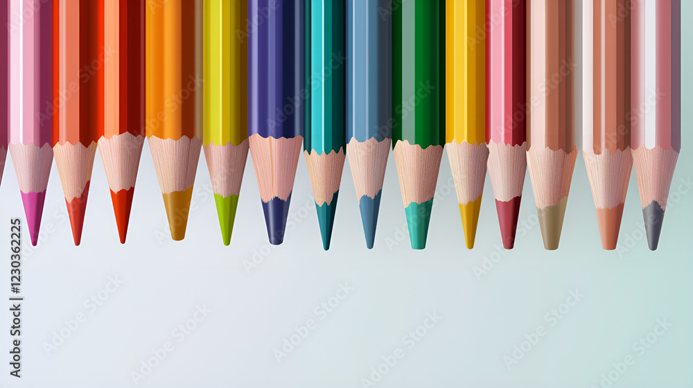 Colorful pencils arranged in a row with sharpened tips, artistic theme, bright colors Colorful pencils arranged in a row with sharpened tips, artistic theme, bright colors