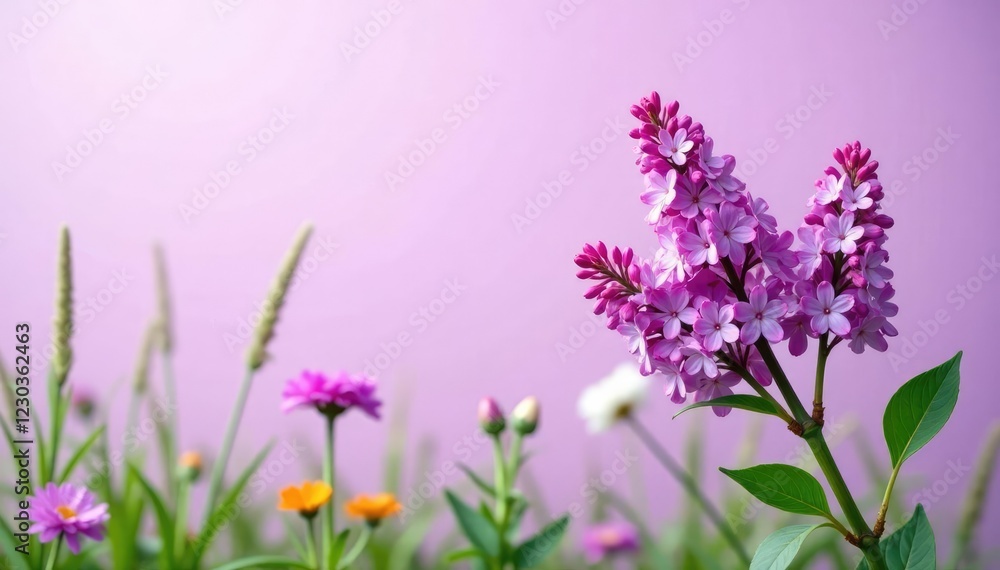 Naklejka premium Lilac blooms on a light purple background amidst a garden of tall grasses and wildflowers, lilac, flowers, spring