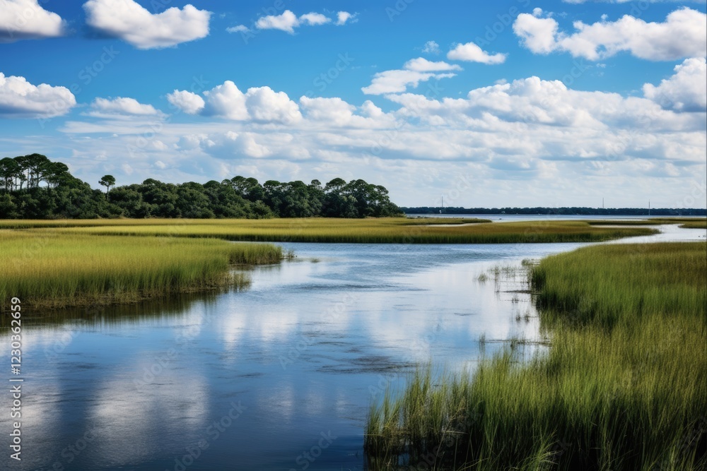 Florida Gulf Coast Coastal Wetland Landscape with Lush Grass and Marsh Ecosystem in Nature Outdoors Florida Gulf Coast Coastal Wetland Landscape with Lush Grass and Marsh Ecosystem in Nature Outdoors