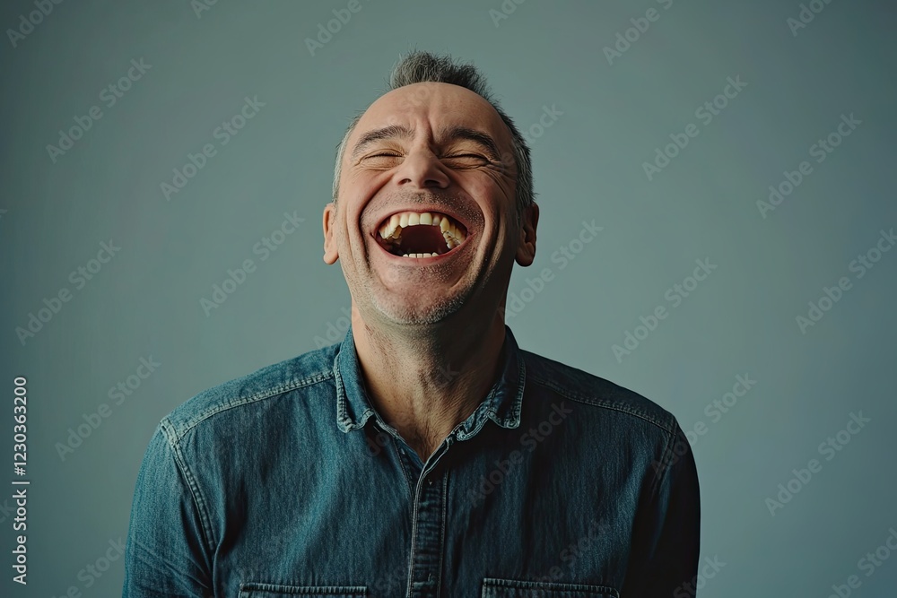Fototapeta premium the man laughs hard. on a plain colored background. huge laugh. joy. studio photo. real photo high detail.