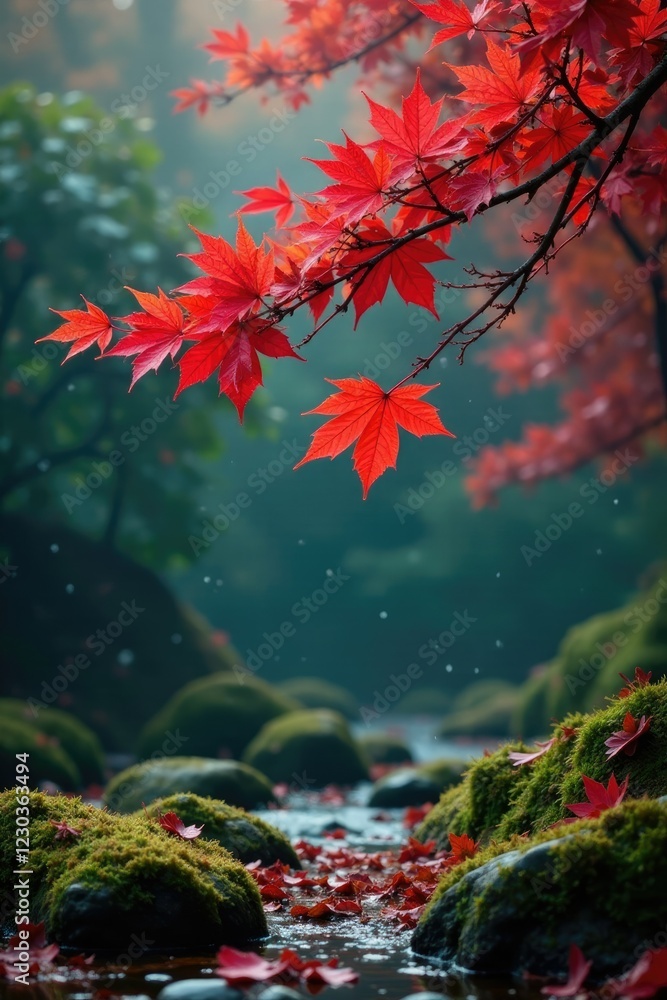 Maple flowers swaying in the autumn rain amidst mossy stones, wind, branch Maple flowers swaying in the autumn rain amidst mossy stones, wind, branch