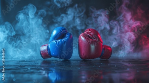 Dynamic clash of two boxing gloves battling against a dark isolated background in ai art